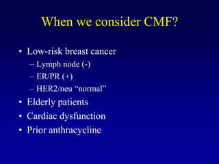 When we consider CMF?

• Low-risk breast cancer
  – Lymph node (-)
  – ER/PR (+)
  – HER2/neu “normal”
• Elderly patients
• Cardiac dysfunction
• Prior anthracycline
 