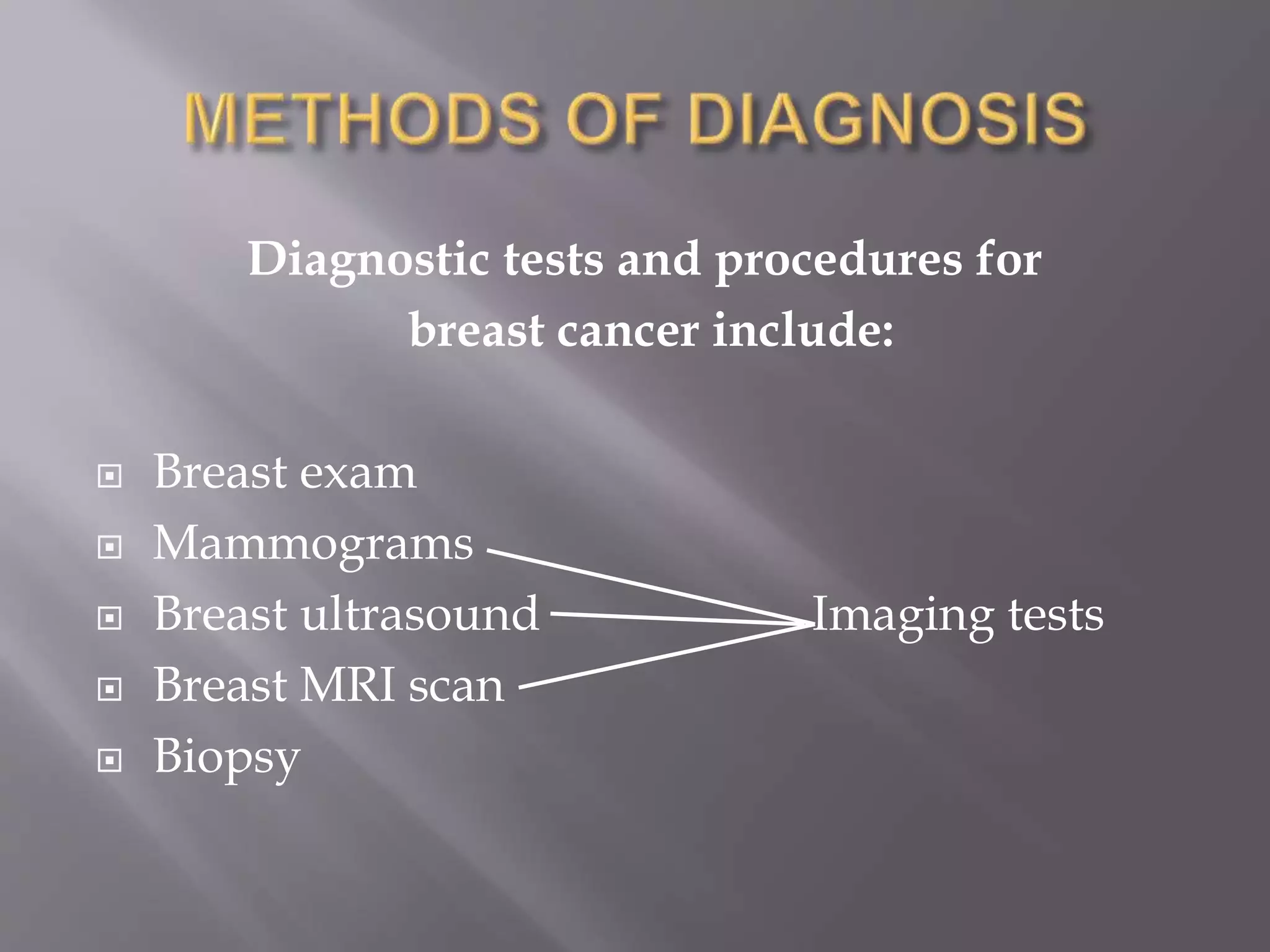 Diagnostic tests and procedures for
breast cancer include:
 Breast exam
 Mammograms
 Breast ultrasound Imaging tests
 Breast MRI scan
 Biopsy
 