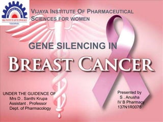 VIJAYA INSTITUTE OF PHARMACEUTICAL
SCIENCES FOR WOMEN
GENE SILENCING IN
UNDER THE GUIDENCE OF
Mrs D . Santhi Krupa
Assistant . Professor
Dept. of Pharmacology
Presented by
S . Anusha
IV B Pharmacy
137N1R0078
 
