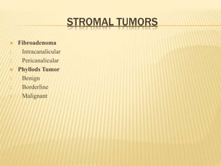 STROMAL TUMORS
 Fibroadenoma
1. Intracanalicular
2. Pericanalicular
 Phyllods Tumor
1. Benign
2. Borderline
3. Malignant
 
