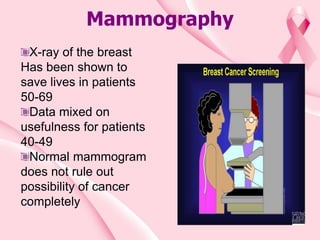 Mammography
X-ray of the breast
Has been shown to
save lives in patients
50-69
Data mixed on
usefulness for patients
40-49
Normal mammogram
does not rule out
possibility of cancer
completely
 