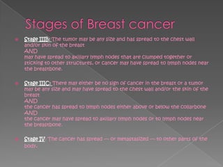    Stage IIIB: The tumor may be any size and has spread to the chest wall
    and/or skin of the breast
    AND
    may have spread to axillary lymph nodes that are clumped together or
    sticking to other structures, or cancer may have spread to lymph nodes near
    the breastbone.

   Stage IIIC: There may either be no sign of cancer in the breast or a tumor
    may be any size and may have spread to the chest wall and/or the skin of the
    breast
    AND
    the cancer has spread to lymph nodes either above or below the collarbone
    AND
    the cancer may have spread to axillary lymph nodes or to lymph nodes near
    the breastbone.

   Stage IV: The cancer has spread — or metastasized — to other parts of the
    body.
 