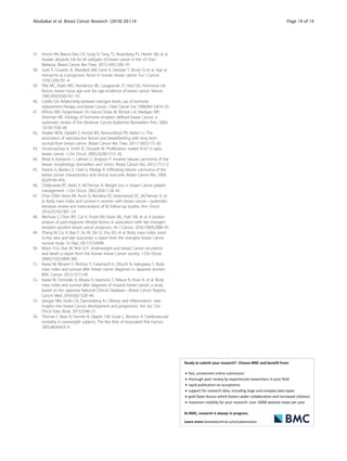 37. Horne HN, Beena Devi CR, Sung H, Tang TS, Rosenberg PS, Hewitt SM, et al.
Greater absolute risk for all subtypes of breast cancer in the US than
Malaysia. Breast Cancer Res Treat. 2015;149(1):285–91.
38. Juret P, Couette JE, Mandard AM, Carre A, Delozier T, Brune D, et al. Age at
menarche as a prognostic factor in human breast cancer. Eur J Cancer.
1976;12(9):701–4.
39. Pike MC, Krailo MD, Henderson BE, Casagrande JT, Hoel DG. Hormonal risk
factors, breast tissue age and the age-incidence of breast cancer. Nature.
1983;303(5920):767–70.
40. Colditz GA. Relationship between estrogen levels, use of hormone
replacement therapy, and breast Cancer. J Natl Cancer Inst. 1998;90(11):814–23.
41. Althuis MD, Fergenbaum JH, Garcia-Closas M, Brinton LA, Madigan MP,
Sherman ME. Etiology of hormone receptor–defined breast Cancer: a
systematic review of the literature. Cancer Epidemiol Biomarkers Prev. 2004;
13(10):1558–68.
42. Alsaker MDK, Opdahl S, Asvold BO, Romundstad PR, Vatten LJ. The
association of reproductive factors and breastfeeding with long term
survival from breast cancer. Breast Cancer Res Treat. 2011;130(1):175–82.
43. Urruticoechea A, Smith IE, Dowsett M. Proliferation marker Ki-67 in early
breast cancer. J Clin Oncol. 2005;23(28):7212–20.
44. Reed A, Kutasovic J, Lakhani S, Simpson P. Invasive lobular carcinoma of the
breast: morphology, biomarkers and 'omics. Breast Cancer Res. 2015;17(1):12.
45. Arpino G, Bardou V, Clark G, Elledge R. Infiltrating lobular carcinoma of the
breast: tumor characteristics and clinical outcome. Breast Cancer Res. 2004;
6(3):R149–R56.
46. Chlebowski RT, Aiello E, McTiernan A. Weight loss in breast Cancer patient
management. J Clin Oncol. 2002;20(4):1128–43.
47. Chan DSM, Vieira AR, Aune D, Bandera EV, Greenwood DC, McTiernan A, et
al. Body mass index and survival in women with breast cancer—systematic
literature review and meta-analysis of 82 follow-up studies. Ann Oncol.
2014;25(10):1901–14.
48. Nechuta S, Chen WY, Cai H, Poole EM, Kwan ML, Flatt SW, et al. A pooled
analysis of post-diagnosis lifestyle factors in association with late estrogen-
receptor–positive breast cancer prognosis. Int J Cancer. 2016;138(9):2088–97.
49. Zhang M, Cai H, Bao P, Xu W, Qin G, Shu XO, et al. Body mass index, waist-
to-hip ratio and late outcomes: a report from the shanghai breast Cancer
survival study. Sci Rep. 2017;7(1):6996.
50. Moon H-G, Han W, Noh D-Y. Underweight and breast Cancer recurrence
and death: a report from the Korean breast Cancer society. J Clin Oncol.
2009;27(35):5899–905.
51. Kawai M, Minami Y, Nishino Y, Fukamachi K, Ohuchi N, Kakugawa Y. Body
mass index and survival after breast cancer diagnosis in Japanese women.
BMC Cancer. 2012;12(1):149.
52. Kawai M, Tomotaki A, Miyata H, Iwamoto T, Niikura N, Anan K, et al. Body
mass index and survival after diagnosis of invasive breast cancer: a study
based on the Japanese National Clinical Database—Breast Cancer Registry.
Cancer Med. 2016;5(6):1328–40.
53. Iyengar NM, Hudis CA, Dannenberg AJ. Obesity and inflammation: new
insights into breast Cancer development and progression. Am Soc Clin
Oncol Educ Book. 2013;33:46–51.
54. Thomas F, Bean K, Pannier B, Oppert J-M, Guize L, Benetos A. Cardiovascular
mortality in overweight subjects. The Key Role of Associated Risk Factors.
2005;46(4):654–9.
Abubakar et al. Breast Cancer Research (2018) 20:114 Page 14 of 14
 