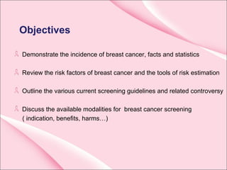 Objectives
Demonstrate the incidence of breast cancer, facts and statistics
Review the risk factors of breast cancer and the tools of risk estimation
Outline the various current screening guidelines and related controversy
Discuss the available modalities for breast cancer screening
( indication, benefits, harms…)
 