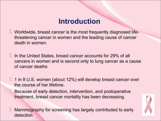 Introduction
Worldwide, breast cancer is the most frequently diagnosed life-
threatening cancer in women and the leading cause of cancer
death in women.
In the United States, breast cancer accounts for 29% of all
cancers in women and is second only to lung cancer as a cause
of cancer deaths
1 in 8 U.S. women (about 12%) will develop breast cancer over
the course of her lifetime.
Because of early detection, intervention, and postoperative
treatment, breast cancer mortality has been decreasing.
Mammography for screening has largely contributed to early
detection
 