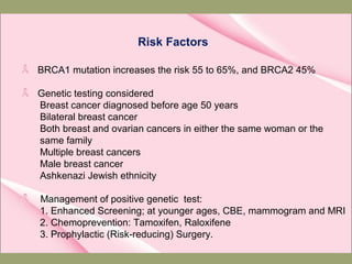 Risk Factors
BRCA1 mutation increases the risk 55 to 65%, and BRCA2 45%
Genetic testing considered
Breast cancer diagnosed before age 50 years
Bilateral breast cancer
Both breast and ovarian cancers in either the same woman or the
same family
Multiple breast cancers
Male breast cancer
Ashkenazi Jewish ethnicity
Management of positive genetic test:
1. Enhanced Screening; at younger ages, CBE, mammogram and MRI
2. Chemoprevention: Tamoxifen, Raloxifene
3. Prophylactic (Risk-reducing) Surgery.
 