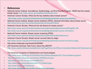 • References
• National Cancer Institute. Surveillance, Epidemiology, and End Results Program. SEER stat fact sheets:
breast cancer. http://seer.cancer.gov/statfacts/html/breast.html.
• American Cancer Society. What are the key statistics about breast cancer?
http://www.cancer.org/cancer/breastcancer/detailedguide/breast-cancer-key-statistics.
• National Cancer Institute. Breast cancer treatment (PDQ). General information about breast cancer.
http://www.cancer.gov/cancertopics/pdq/treatment/breast/Patient.
• American Cancer Society. What are the risk factors for breast cancer?
• http://www.cancer.gov/cancertopics/pdq/screening/breast/healthprofessional/Page8#_483
• http://www.cancer.org/cancer/breastcancer/detailedguide/breast-cancer-risk-factors.
• National Cancer Institute. Breast cancer screening (PDQ).
http://www.cancer.gov/cancertopics/pdq/screening/breast/healthprofessional.
• American Cancer Society. Breast cancer survival rates by stage.
• http://www.cancer.org/cancer/breastcancer/detailedguide/breast-cancer-survival-by-stage.
• http://www.medscape.org/viewarticle/583982
• US Preventive Services Task Force. About the USPSTF.
http://www.uspreventiveservicestaskforce.org/Page/Document/RecommendationStatementFinal/breast-can
.
• The American Congress of Obstetricians and Gynecologists.
http://www.acog.org/About-ACOG/News-Room/News-Releases/2011/Annual-Mammograms
• http://emedicine.medscape.com/article/1945498-overview
• http://www.ncbi.nlm.nih.gov/books/NBK22311
• http://www.haad.ae/simplycheck/tabid/131/Default.aspx
• http://www.cancer.gov/bcrisktool/
• http://www.slideshare.net/rajud521/breast-self-examination
 