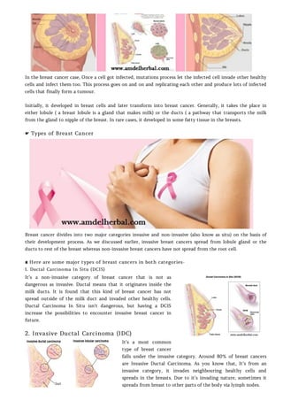 In the breast cancer case, Once a cell got infected, mutations process let the infected cell invade other healthy
cells and infect them too. This process goes on and on and replicating each other and produce lots of infected
cells that finally form a tumour.
Initially, it developed in breast cells and later transform into breast cancer. Generally, it takes the place in
either lobule ( a breast lobule is a gland that makes milk) or the ducts ( a pathway that transports the milk
from the gland to nipple of the breast. In rare cases, it developed in some fatty tissue in the breasts.
☛ Types of Breast Cancer
Breast cancer divides into two major categories invasive and non-invasive (also know as situ) on the basis of
their development process. As we discussed earlier, invasive breast cancers spread from lobule gland or the
ducts to rest of the breast whereas non-invasive breast cancers have not spread from the root cell.
∎ Here are some major types of breast cancers in both categories-
1. Ductal Carcinoma In Situ (DCIS)
It’s a non-invasive category of breast cancer that is not as
dangerous as invasive. Ductal means that it originates inside the
milk ducts. It is found that this kind of breast cancer has not
spread outside of the milk duct and invaded other healthy cells.
Ductal Carcinoma In Situ isn’t dangerous, but having a DCIS
increase the possibilities to encounter invasive breast cancer in
future.
2. Invasive Ductal Carcinoma (IDC)
It’s a most common
type of breast cancer
falls under the invasive category. Around 80% of breast cancers
are Invasive Ductal Carcinoma. As you know that, It’s from an
invasive category, it invades neighbouring healthy cells and
spreads in the breasts. Due to it’s invading nature, sometimes it
spreads from breast to other parts of the body via lymph nodes.
 