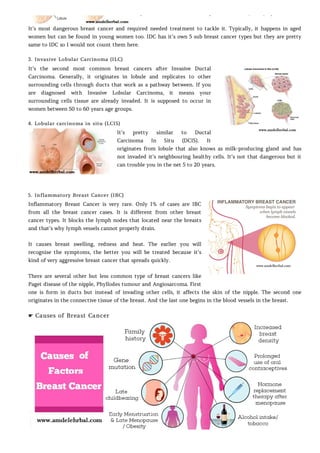 spreads from breast to other parts of the body via lymph nodes.
It’s most dangerous breast cancer and required needed treatment to tackle it. Typically, it happens in aged
women but can be found in young women too. IDC has it’s own 5 sub breast cancer types but they are pretty
same to IDC so I would not count them here.
3. Invasive Lobular Carcinoma (ILC)
It’s the second most common breast cancers after Invasive Ductal
Carcinoma. Generally, it originates in lobule and replicates to other
surrounding cells through ducts that work as a pathway between. If you
are diagnosed with Invasive Lobular Carcinoma, it means your
surrounding cells tissue are already invaded. It is supposed to occur in
women between 50 to 60 years age groups.
4. Lobular carcinoma in situ (LCIS)
It’s pretty similar to Ductal
Carcinoma In Situ (DCIS). It
originates from lobule that also knows as milk-producing gland and has
not invaded it’s neighbouring healthy cells. It’s not that dangerous but it
can trouble you in the net 5 to 20 years.
5. Inflammatory Breast Cancer (IBC)
Inflammatory Breast Cancer is very rare. Only 1% of cases are IBC
from all the breast cancer cases. It is different from other breast
cancer types. It blocks the lymph nodes that located near the breasts
and that’s why lymph vessels cannot properly drain.
It causes breast swelling, redness and heat. The earlier you will
recognise the symptoms, the better you will be treated because it’s
kind of very aggressive breast cancer that spreads quickly.
There are several other but less common type of breast cancers like
Paget disease of the nipple, Phyllodes tumour and Angiosarcoma. First
one is form in ducts but instead of invading other cells, it affects the skin of the nipple. The second one
originates in the connective tissue of the breast. And the last one begins in the blood vessels in the breast.
☛ Causes of Breast Cancer
 