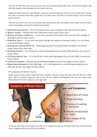 Here we all know that most breast cancers start from milk-producing cells, ducts transfer the invaded cells
that later spread to surrounding cells and invade them too.
Researchers have found out some lifestyle, hormonal and environmental risk factors that cause breast cancers
but there are several cases when people have not poses these risk factors encounter breast cancer and who
poses never do.
They also say that it’s the mix of your genes and environment. Well, let’s explore some major causes of breast
cancers that people can avoid or at least aware of them.
Inherited from parents – 10% of all breast cancer cases are genetic and inherited from parents.
Being a female – females 90% more likely have breast cancers than male.
History of breast conditions – if you have encounter LCIS earlier, then you have 50% changes to
developed invasive breast cancer.
Radiation factor – If you have been gone through the radiation treatment earlier, it is very likely
to encounter breast cancer.
Getting your period before 12 – women getting their first period before 12 tends to encounter
breast cancer more than other.
Drinking Alcohol – It is found that, women drinking alcohol are most likely becomes the victim of
breast cancer.
Getting pregnant late – It is found that, women getting pregnant late are very likely to encounter
breast cancer.
Infertility problem – Women having infertility problems are the easy target of breast cancer.
Beginning menopause at an older age – As it self explanatory, encountering menopause at an
older age are the easy target of breast cancer.
☛ Symptoms of Breast Cancer
Breast cancers are the tumors inside the breast. Initially, tumours are very tiny that cannot be felt but as they
grow, there are several symptoms that can be felt by sufferers. Mammogram test can also reveal some
abnormalities if the test conducts at the right time.
As we now that breast cancer types are varied, so it’s symptoms varies too. We have listed some common breast
cancer symptoms that can be felt by the sufferer.
Breast pain
 