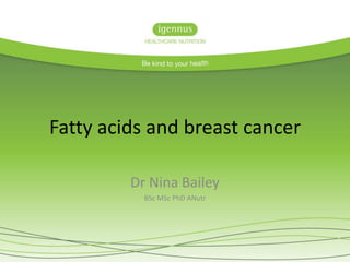 Fatty acids and breast cancer
Dr Nina Bailey
BSc MSc PhD ANutr

 