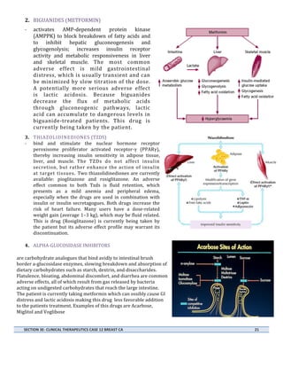2. BIGUANIDES	
  (METFORMIN)	
  	
  
	
  

	
  

-­‐

activates	
   AMP-­‐dependent	
   protein	
   kinase	
  
(AMPPK)	
   to	
   block	
   breakdown	
   of	
   fatty	
   acids	
   and	
  
to	
   inhibit	
   hepatic	
   gluconeogenesis	
   and	
  
glycogenolysis;	
   increases	
   insulin	
   receptor	
  
activity	
   and	
   metabolic	
   responsiveness	
   in	
   liver	
  
and	
   skeletal	
   muscle.	
   The	
   most	
   common	
  
adverse	
   effect	
   is	
   mild	
   gastrointestinal	
  
distress,	
  which	
  is	
  usually	
  transient	
  and	
  can	
  
be	
  minimized	
  by	
  slow	
  titration	
  of	
  the	
  dose.	
  
A	
   potentially	
   more	
   serious	
   adverse	
   effect	
  
is	
   lactic	
   acidosis.	
   Because	
   biguanides	
  
decrease	
   the	
   flux	
   of	
   metabolic	
   acids	
  
through	
   gluconeogenic	
   pathways,	
   lactic	
  
acid	
   can	
   accumulate	
   to	
   dangerous	
   levels	
   in	
  
biguanide-­‐treated	
   patients.	
   This	
   drug	
   is	
  
currently	
  being	
  taken	
  by	
  the	
  patient.	
  

3. THIAZOLIDINEDIONES	
  (TZDS)	
  	
  
-­‐ bind	
   and	
   stimulate	
   the	
   nuclear	
   hormone	
   receptor	
  
peroxisome	
   proliferator	
   activated	
   receptor-­‐γ	
   (PPARγ),	
  
thereby	
   increasing	
   insulin	
   sensitivity	
   in	
   adipose	
   tissue,	
  
liver,	
   and	
   muscle.	
   The	
   TZDs	
   do	
   not	
   affect	
   insulin	
  
secretion,	
   but	
   rather	
   enhance	
   the	
   action	
   of	
   insulin	
  
at	
   target	
   tissues.	
   Two	
   thiazolidinediones	
   are	
   currently	
  
available:	
   pioglitazone	
   and	
   rosiglitazone.	
   An	
   adverse	
  
effect	
   common	
   to	
   both	
   Tzds	
   is	
   fluid	
   retention,	
   which	
  
presents	
   as	
   a	
   mild	
   anemia	
   and	
   peripheral	
   edema,	
  
especially	
   when	
   the	
   drugs	
   are	
   used	
   in	
   combination	
   with	
  
insulin	
   or	
   insulin	
   secretagogues.	
   Both	
   drugs	
   increase	
   the	
  
risk	
   of	
   heart	
   failure.	
   Many	
   users	
   have	
   a	
   dose-­‐related	
  
weight	
  gain	
  (average	
  1–3	
  kg),	
  which	
  may	
  be	
  fluid	
  related.	
  
This	
   is	
   drug	
   (Rosiglitazone)	
   is	
   currently	
   being	
   taken	
   by	
  
the	
   patient	
   but	
   its	
   adverse	
   effect	
   profile	
   may	
   warrant	
   its	
  
discontinuation.	
  

	
  
	
  

4. ALPHA-­‐GLUCOSIDASE	
  INHIBITORS	
  	
  
are	
  carbohydrate	
  analogues	
  that	
  bind	
  avidly	
  to	
  intestinal	
  brush	
  
border	
  a-­‐glucosidase	
  enzymes,	
  slowing	
  breakdown	
  and	
  absorption	
  of	
  
dietary	
  carbohydrates	
  such	
  as	
  starch,	
  dextrin,	
  and	
  disaccharides.	
  
Flatulence,	
  bloating,	
  abdominal	
  discomfort,	
  and	
  diarrhea	
  are	
  common	
  
adverse	
  effects,	
  all	
  of	
  which	
  result	
  from	
  gas	
  released	
  by	
  bacteria	
  
acting	
  on	
  undigested	
  carbohydrates	
  that	
  reach	
  the	
  large	
  intestine.	
  
The	
  patient	
  is	
  currently	
  taking	
  metformin	
  which	
  can	
  ossibly	
  cause	
  GI	
  
distress	
  and	
  lactic	
  acidosis	
  making	
  this	
  drug	
  	
  less	
  favorable	
  addition	
  
to	
  the	
  patients	
  treatment.	
  Examples	
  of	
  this	
  drugs	
  are	
  Acarbose,	
  
Miglitol	
  and	
  Voglibose	
  
SECTION	
  3E-­‐	
  CLINICAL	
  THERAPEUTICS	
  CASE	
  12	
  BREAST	
  CA	
  	
  	
  	
  	
  	
  	
  	
  	
  	
  	
  	
  	
  	
  	
  	
  	
  	
  	
  	
  	
  	
  	
  	
  	
  	
  	
  	
  	
  	
  	
  	
  	
  	
  	
  	
  	
  	
  	
  	
  	
  	
  	
  	
  	
  	
  	
  	
  	
  	
  	
  	
  	
  	
  	
  	
  	
  	
  	
  	
  	
  	
  	
  	
  	
  	
  	
  	
  	
  	
  	
  	
  	
  	
  	
  	
  	
  	
  	
  	
  	
  	
  	
  	
  	
  	
  	
  	
  	
  	
  	
  	
  	
  	
  	
  	
  	
  	
  	
  	
  	
  	
  	
  	
  	
  	
  	
  	
  	
  	
  	
  	
  	
  	
  	
  	
  	
  	
  	
  	
  	
  	
  	
  	
  	
  	
  	
  	
  	
  	
  	
  	
  	
  	
  	
  	
  	
  	
  	
  	
  21	
  
	
  

	
  
	
  

 