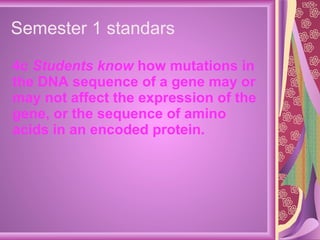 Semester 1 standars 4c  Students know  how mutations in the DNA sequence of a gene may or may not affect the expression of the gene, or the sequence of amino acids in an encoded protein. 