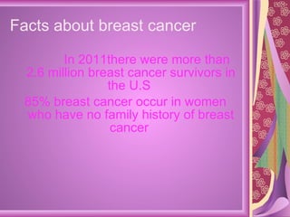 Facts about breast cancer  In 2011there were more than 2.6 million breast cancer survivors in the U.S  85% breast cancer occur in women who have no family history of breast cancer  