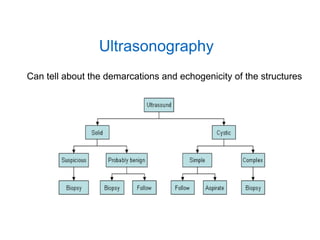 Ultrasonography
Can tell about the demarcations and echogenicity of the structures
 