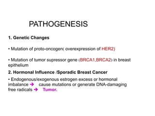 PATHOGENESIS
1. Genetic Changes
• Mutation of proto-oncogen( overexpression of HER2)
• Mutation of tumor supressor gene (BRCA1,BRCA2) in breast
epithelium
2. Hormonal Influence /Sporadic Breast Cancer
• Endogenous/exogenous estrogen excess or hormonal
imbalance ! cause mutations or generate DNA-damaging
free radicals ! Tumor.
 