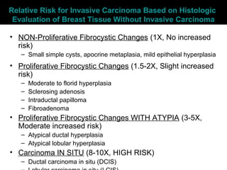 Relative Risk for Invasive Carcinoma Based on Histologic
Evaluation of Breast Tissue Without Invasive Carcinoma
• NON-Proliferative Fibrocystic Changes (1X, No increased
risk)
– Small simple cysts, apocrine metaplasia, mild epithelial hyperplasia
• Proliferative Fibrocystic Changes (1.5-2X, Slight increased
risk)
– Moderate to florid hyperplasia
– Sclerosing adenosis
– Intraductal papilloma
– Fibroadenoma
• Proliferative Fibrocystic Changes WITH ATYPIA (3-5X,
Moderate increased risk)
– Atypical ductal hyperplasia
– Atypical lobular hyperplasia
• Carcinoma IN SITU (8-10X, HIGH RISK)
– Ductal carcinoma in situ (DCIS)
 