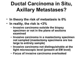 Ductal Carcinoma in Situ,
Axillary Metastases?
• In theory the risk of metastasis is 0%
• In reality, the risk is <3%
– Invasive carcinoma outside the biopsy
specimen or not in the plane of sections
examined
– Invasive carcinoma in a mastectomy specimen
not sampled (mastectomy specimens are too
large to entirely sample)
– Invasive carcinoma not distinguishable at the
light microscopic level (present at EM level)
– Focus of invasive carcinoma overlooked
 