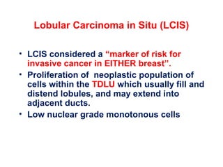 Lobular Carcinoma in Situ (LCIS)
• LCIS considered a “marker of risk for
invasive cancer in EITHER breast”.
• Proliferation of neoplastic population of
cells within the TDLU which usually fill and
distend lobules, and may extend into
adjacent ducts.
• Low nuclear grade monotonous cells
 
