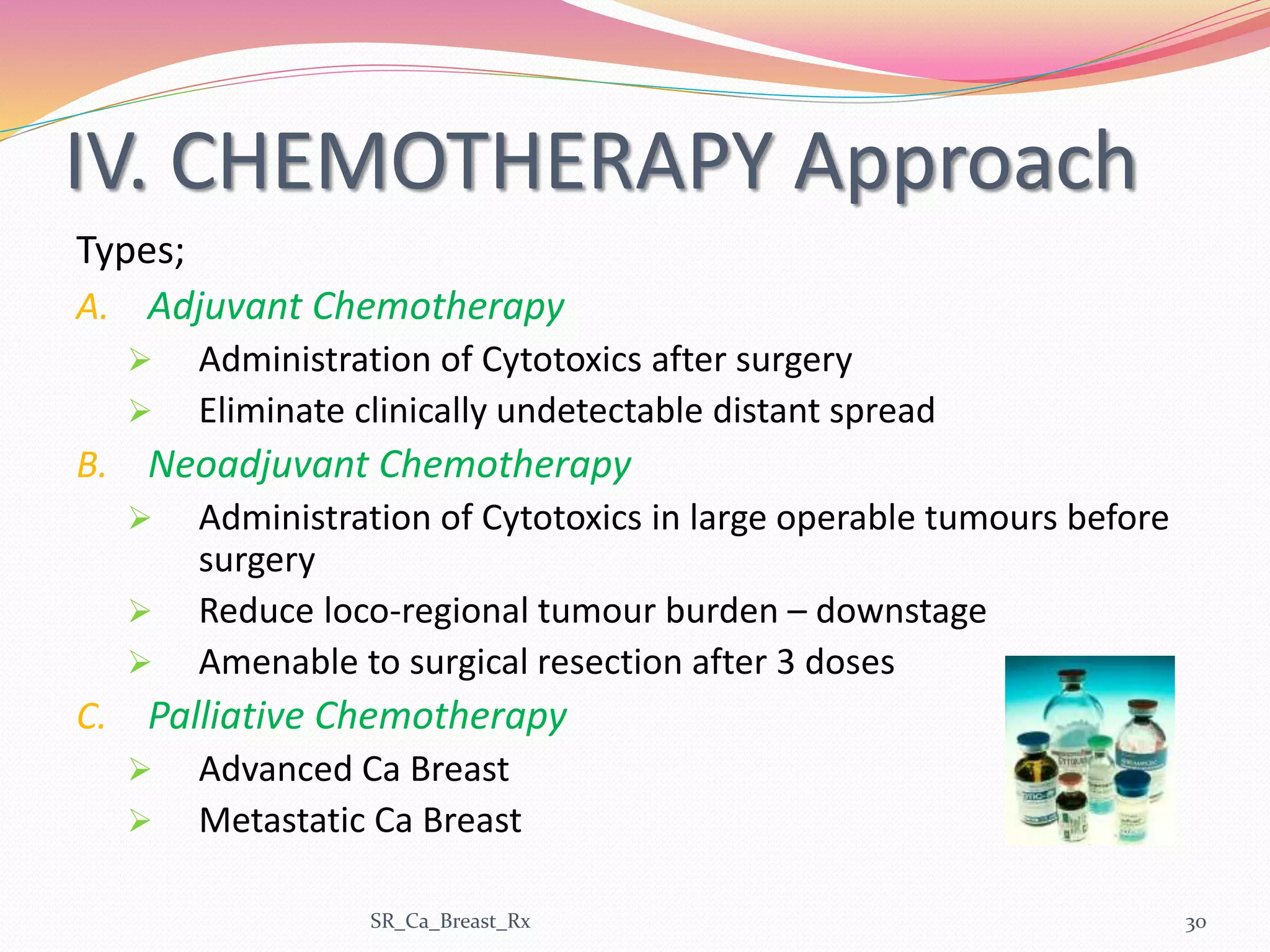 IV. CHEMOTHERAPY Approach
Types;
A. Adjuvant Chemotherapy
 Administration of Cytotoxics after surgery
 Eliminate clinically undetectable distant spread
B. Neoadjuvant Chemotherapy
 Administration of Cytotoxics in large operable tumours before
surgery
 Reduce loco-regional tumour burden – downstage
 Amenable to surgical resection after 3 doses
C. Palliative Chemotherapy
 Advanced Ca Breast
 Metastatic Ca Breast
SR_Ca_Breast_Rx 30
 