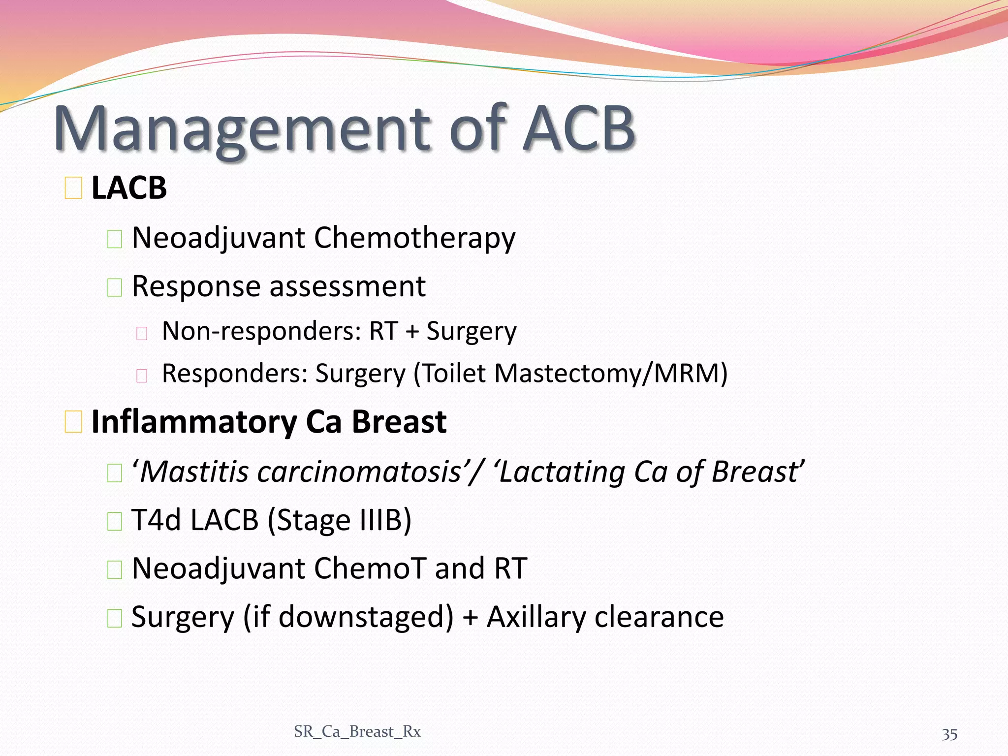 Management of ACB
LACB
Neoadjuvant Chemotherapy
Response assessment
Non-responders: RT + Surgery
Responders: Surgery (Toilet Mastectomy/MRM)
Inflammatory Ca Breast
‘Mastitis carcinomatosis’/ ‘Lactating Ca of Breast’
T4d LACB (Stage IIIB)
Neoadjuvant ChemoT and RT
Surgery (if downstaged) + Axillary clearance
SR_Ca_Breast_Rx 35
 