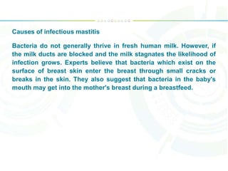 Causes of infectious mastitis
Bacteria do not generally thrive in fresh human milk. However, if
the milk ducts are blocked and the milk stagnates the likelihood of
infection grows. Experts believe that bacteria which exist on the
surface of breast skin enter the breast through small cracks or
breaks in the skin. They also suggest that bacteria in the baby's
mouth may get into the mother's breast during a breastfeed.
 