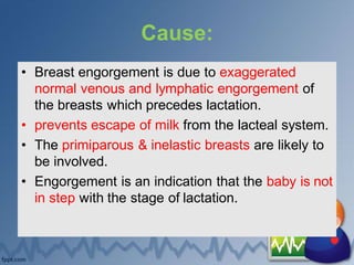 Cause:
• Breast engorgement is due to exaggerated
normal venous and lymphatic engorgement of
the breasts which precedes lactation.
• prevents escape of milk from the lacteal system.
• The primiparous & inelastic breasts are likely to
be involved.
• Engorgement is an indication that the baby is not
in step with the stage of lactation.
 