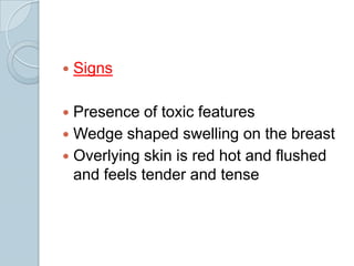  Signs
Presence of toxic features
Wedge shaped swelling on the breast
Overlying skin is red hot and flushed
and feels tender and tense