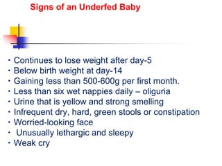 Signs of an Underfed Baby
Continues to lose weight after day-5
Below birth weight at day-14
Gaining less than 500-600g per first month.
Less than six wet nappies daily – oliguria
Urine that is yellow and strong smelling
Infrequent dry, hard, green stools or constipation
Worried-looking face
Unusually lethargic and sleepy
Weak cry
 