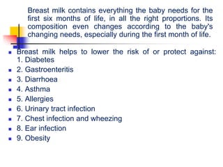 Breast milk contains everything the baby needs for the
first six months of life, in all the right proportions. Its
composition even changes according to the baby's
changing needs, especially during the first month of life.
 Breast milk helps to lower the risk of or protect against:
1. Diabetes
 2. Gastroenteritis
 3. Diarrhoea
 4. Asthma
 5. Allergies
 6. Urinary tract infection
 7. Chest infection and wheezing
 8. Ear infection
 9. Obesity
 