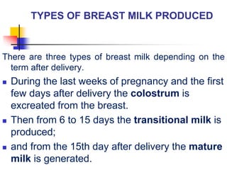 TYPES OF BREAST MILK PRODUCED
There are three types of breast milk depending on the
term after delivery.
 During the last weeks of pregnancy and the first
few days after delivery the colostrum is
excreated from the breast.
 Then from 6 to 15 days the transitional milk is
produced;
 and from the 15th day after delivery the mature
milk is generated.
 