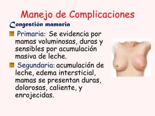 Manejo de Complicaciones

Congestión mamaria
Primaria: Se evidencia por
mamas voluminosas, duras y
sensibles por acumulación
masiva de leche.
Segundaria: acumulación de
leche, edema intersticial,
mamas se presentan duras,
dolorosas, caliente, y
enrojecidas.

 