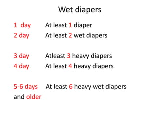 Wet diapers
1 day At least 1 diaper
2 day At least 2 wet diapers
3 day Atleast 3 heavy diapers
4 day At least 4 heavy diapers
5-6 days At least 6 heavy wet diapers
and older
 