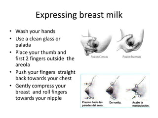 Expressing breast milk
• Wash your hands
• Use a clean glass or
palada
• Place your thumb and
first 2 fingers outside the
areola
• Push your fingers straight
back towards your chest
• Gently compress your
breast and roll fingers
towards your nipple
 