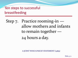 Ten steps to successful 
breastfeeding 
Step 7. Practice rooming-in — 
allow mothers and infants 
to remain together — 
24 hours a day. 
A JOINT WHO/UNICEF STATEMENT (1989) 
Slide 4.7.1 
 