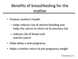 Benefits of breastfeeding for the
mother
• Protects mother’s health
– helps reduces risk of uterine bleeding and
helps the uterus to return to its previous size
– reduces risk of breast and
ovarian cancer
• Helps delay a new pregnancy
• Helps a mother return to pre-pregnancy weight
Transparency 2.14
 
