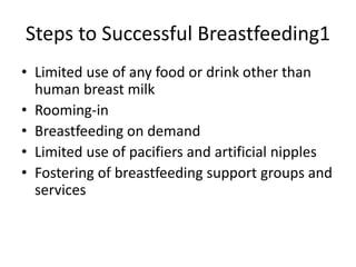 Steps to Successful Breastfeeding1
• Limited use of any food or drink other than
human breast milk
• Rooming-in
• Breastfeeding on demand
• Limited use of pacifiers and artificial nipples
• Fostering of breastfeeding support groups and
services
 