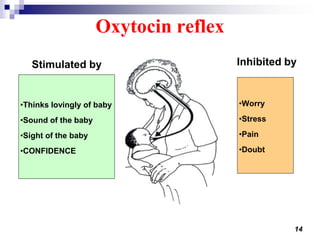 14
•Thinks lovingly of baby
•Sound of the baby
•Sight of the baby
•CONFIDENCE
•Worry
•Stress
•Pain
•Doubt
Stimulated by Inhibited by
Oxytocin reflex
 