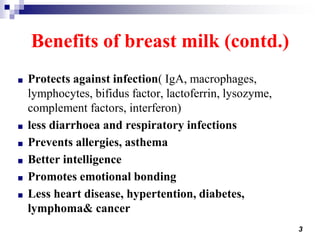 3
Benefits of breast milk (contd.)
■ Protects against infection( IgA, macrophages,
lymphocytes, bifidus factor, lactoferrin, lysozyme,
complement factors, interferon)
■ less diarrhoea and respiratory infections
■ Prevents allergies, asthema
■ Better intelligence
■ Promotes emotional bonding
■ Less heart disease, hypertention, diabetes,
lymphoma& cancer
 