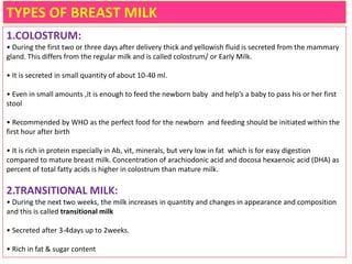TYPES OF BREAST MILK
1.COLOSTRUM:
• During the first two or three days after delivery thick and yellowish fluid is secreted from the mammary
gland. This differs from the regular milk and is called colostrum/ or Early Milk.
• It is secreted in small quantity of about 10-40 ml.
• Even in small amounts ,it is enough to feed the newborn baby and help’s a baby to pass his or her first
stool
• Recommended by WHO as the perfect food for the newborn and feeding should be initiated within the
first hour after birth
• It is rich in protein especially in Ab, vit, minerals, but very low in fat which is for easy digestion
compared to mature breast milk. Concentration of arachiodonic acid and docosa hexaenoic acid (DHA) as
percent of total fatty acids is higher in colostrum than mature milk.
2.TRANSITIONAL MILK:
• During the next two weeks, the milk increases in quantity and changes in appearance and composition
and this is called transitional milk
• Secreted after 3‐4days up to 2weeks.
• Rich in fat & sugar content
 