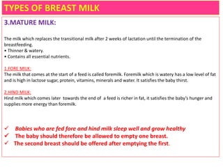 TYPES OF BREAST MILK
3.MATURE MILK:
The milk which replaces the transitional milk after 2 weeks of lactation until the termination of the
breastfeeding.
• Thinner & watery.
• Contains all essential nutrients.
1.FORE MILK:
The milk that comes at the start of a feed is called foremilk. Foremilk which is watery has a low level of fat
and is high in lactose sugar, protein, vitamins, minerals and water. It satisfies the baby thirst.
2.HIND MILK:
Hind milk which comes later towards the end of a feed is richer in fat, it satisfies the baby’s hunger and
supplies more energy than foremilk.
 Babies who are fed fore and hind milk sleep well and grow healthy
 The baby should therefore be allowed to empty one breast.
 The second breast should be offered after emptying the first.
 