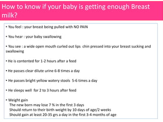 How to know if your baby is getting enough Breast
milk?
• You feel : your breast being pulled with NO PAIN
• You hear : your baby swallowing
• You see : a wide open mouth curled out lips chin pressed into your breast sucking and
swallowing
• He is contented for 1-2 hours after a feed
• He passes clear dilute urine 6-8 times a day
• He passes bright yellow watery stools 5-6 times a day
• He sleeps well for 2 to 3 hours after feed
• Weight gain
The new born may lose 7 % in the first 3 days
Should return to their birth weight by 10 days of age/2 weeks
Should gain at least 20-35 grs a day in the first 3-4 months of age
 