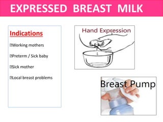 Indications
Working mothers
Preterm / Sick baby
Sick mother
Local breast problems
EXPRESSED BREAST MILK
 