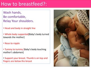 How to breastfeed?:
Wash hands,
Be comfortable,
Relay Your shoulders.
• Head and body in straight line
• Whole body supported[Baby’s body turned
towards the mother]
• Nose to nipple
• Tummy to tummy [Baby’s body touching
mother’s abdomen]
• Support your breast. Thumb is on top and
fingers are below the breast
 