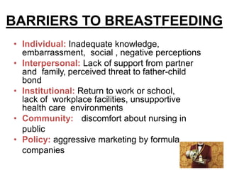 BARRIERS TO BREASTFEEDING
• Individual: Inadequate knowledge,
embarrassment, social , negative perceptions
• Interpersonal: Lack of support from partner
and family, perceived threat to father-child
bond
• Institutional: Return to work or school,
lack of workplace facilities, unsupportive
health care environments
• Community: discomfort about nursing in
public
• Policy: aggressive marketing by formula
companies
 