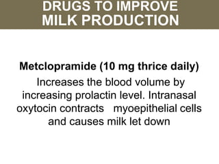 DRUGS TO IMPROVE
MILK PRODUCTION
Metclopramide (10 mg thrice daily)
Increases the blood volume by
increasing prolactin level. Intranasal
oxytocin contracts myoepithelial cells
and causes milk let down
 