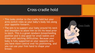 Cross-cradle hold
• This looks similar to the cradle hold but your
arms switch roles so your baby’s body lies along
your opposite forearm.
• The aim is to support your baby around his neck
and shoulders to allow him to tilt his head prior
to latch. This is a great newborn breastfeeding
position and is also good for small babies and
those with latching difficulties. Because your
baby is fully supported on your opposite arm,
you have more control over his positioning, and
you can use your free hand to shape your
breast.
 