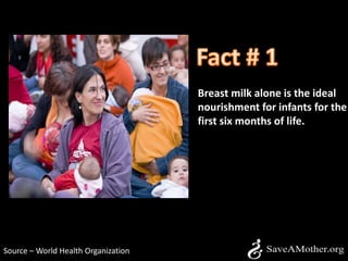 Fact # 1 Breast milk alone is the ideal nourishment for infants for the first six months of life. Source – World Health Organization 
