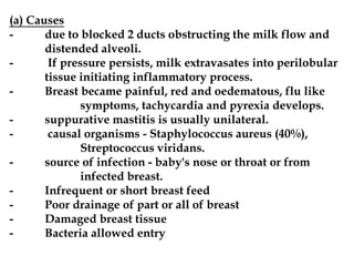 (a) Causes
- due to blocked 2 ducts obstructing the milk flow and
distended alveoli.
- If pressure persists, milk extravasates into perilobular
tissue initiating inflammatory process.
- Breast became painful, red and oedematous, flu like
symptoms, tachycardia and pyrexia develops.
- suppurative mastitis is usually unilateral.
- causal organisms - Staphylococcus aureus (40%),
Streptococcus viridans.
- source of infection - baby's nose or throat or from
infected breast.
- Infrequent or short breast feed
- Poor drainage of part or all of breast
- Damaged breast tissue
- Bacteria allowed entry
 