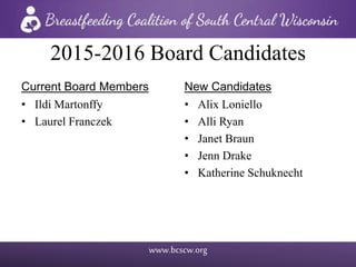 www.bcscw.org
2015-2016 Board Candidates
Current Board Members
• Ildi Martonffy
• Laurel Franczek
New Candidates
• Alix Loniello
• Alli Ryan
• Janet Braun
• Jenn Drake
• Katherine Schuknecht
 